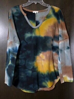 LA MIEL Tie-Dye Waffle Knit Long Sleeve Top Reversed Seams Raw Hem Size M